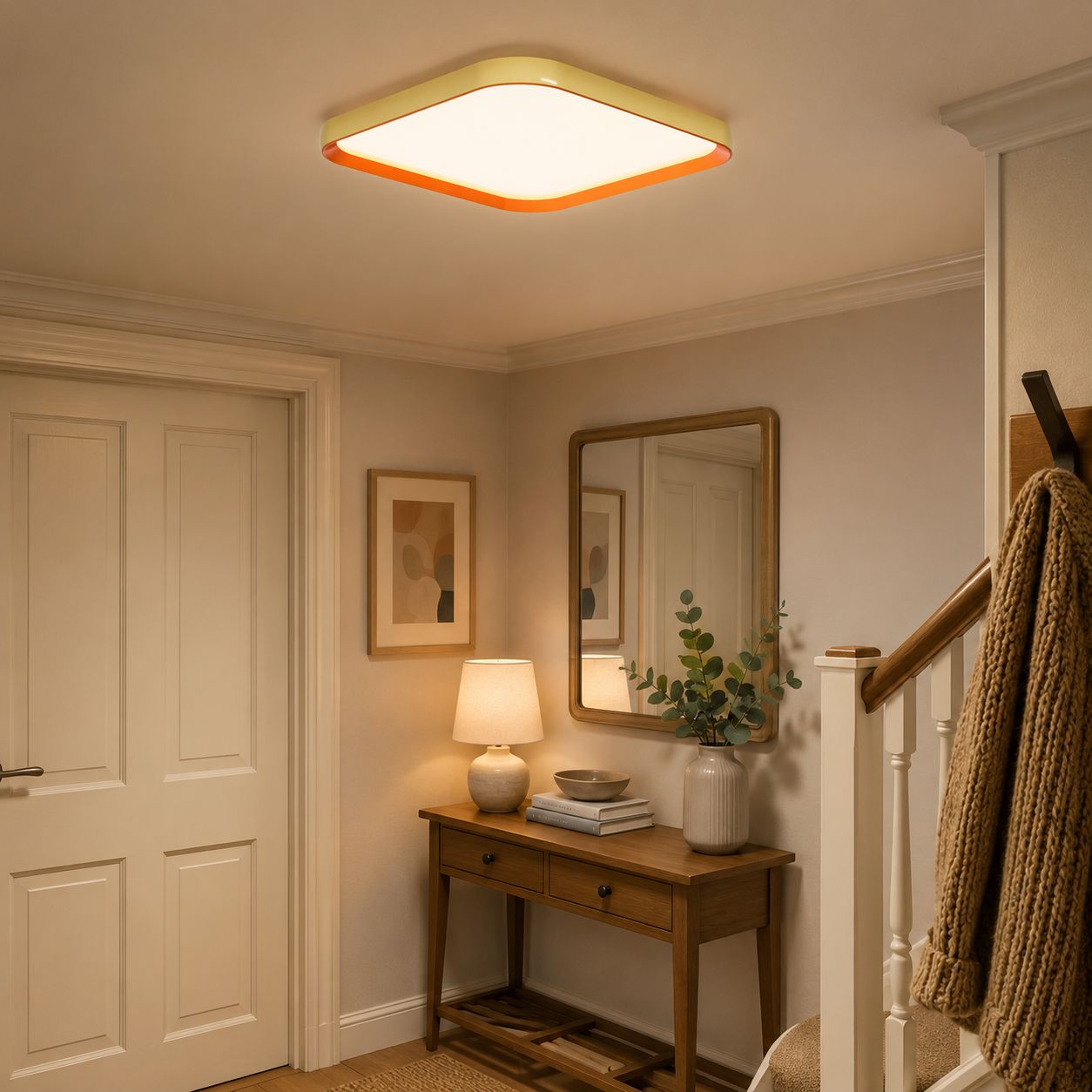 square LED ceiling light in an entry hallway