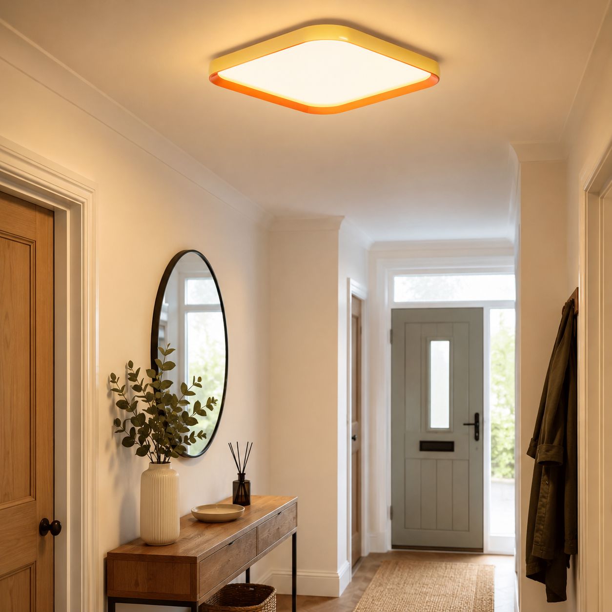 square LED flush mount light by a hallway console