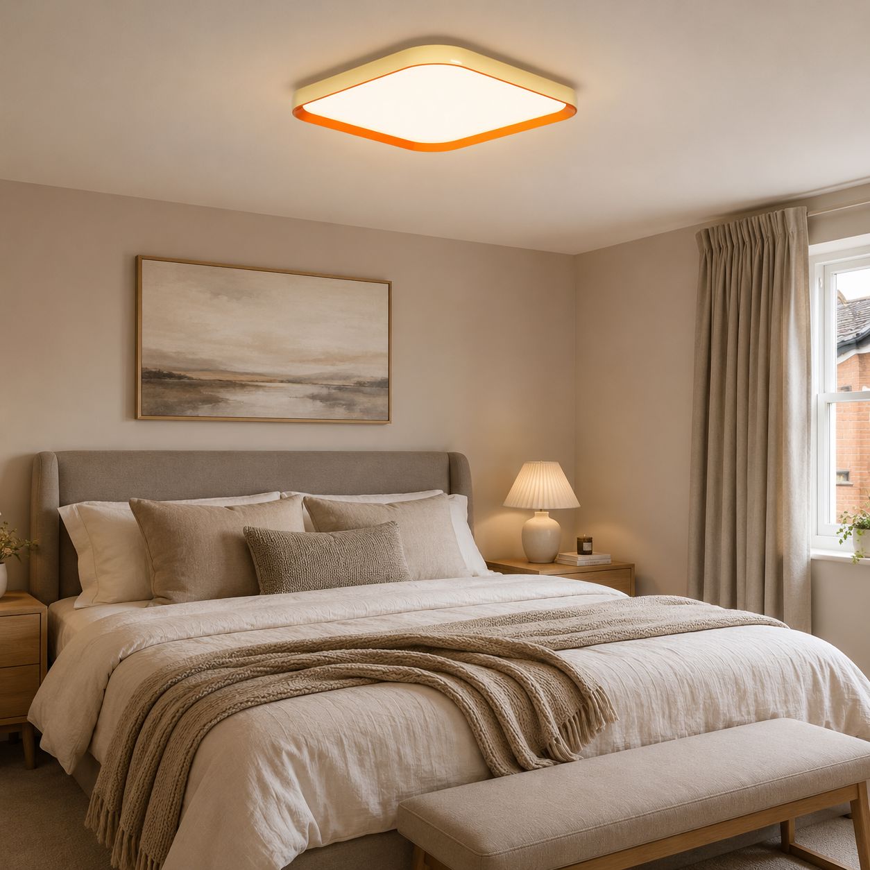 square LED ceiling light over a neutral bedroom