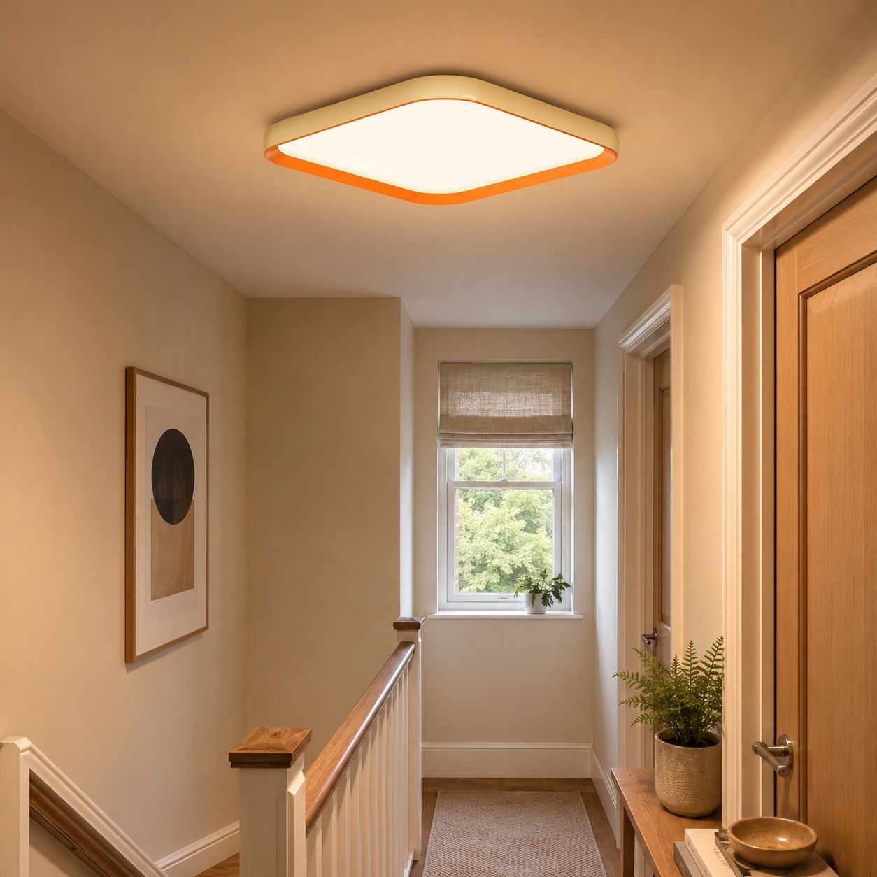 rectangular LED flush mount ceiling light above a stair landing