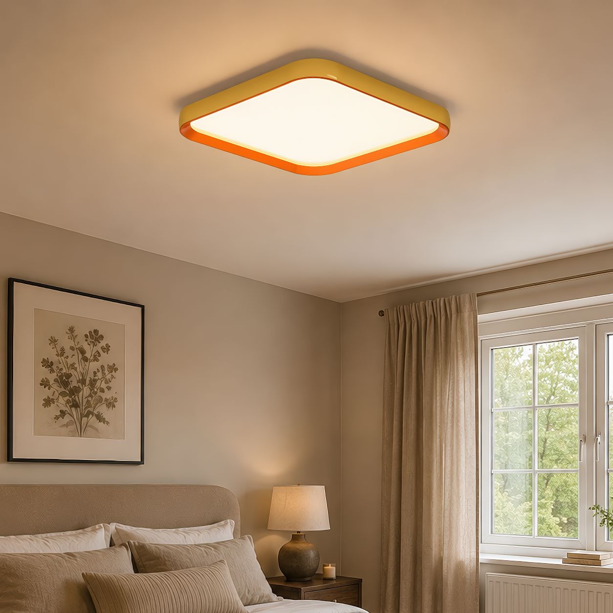 square LED ceiling light above a bedroom corner