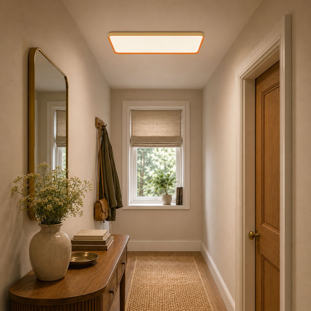 rectangular LED flush mount light in a narrow hallway
