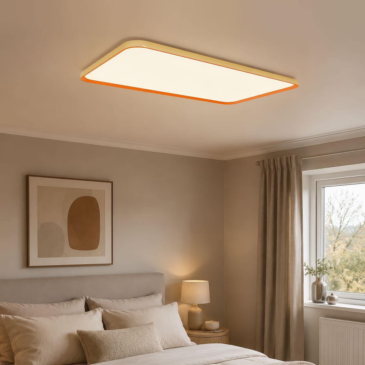 rectangular LED ceiling light above a bedroom