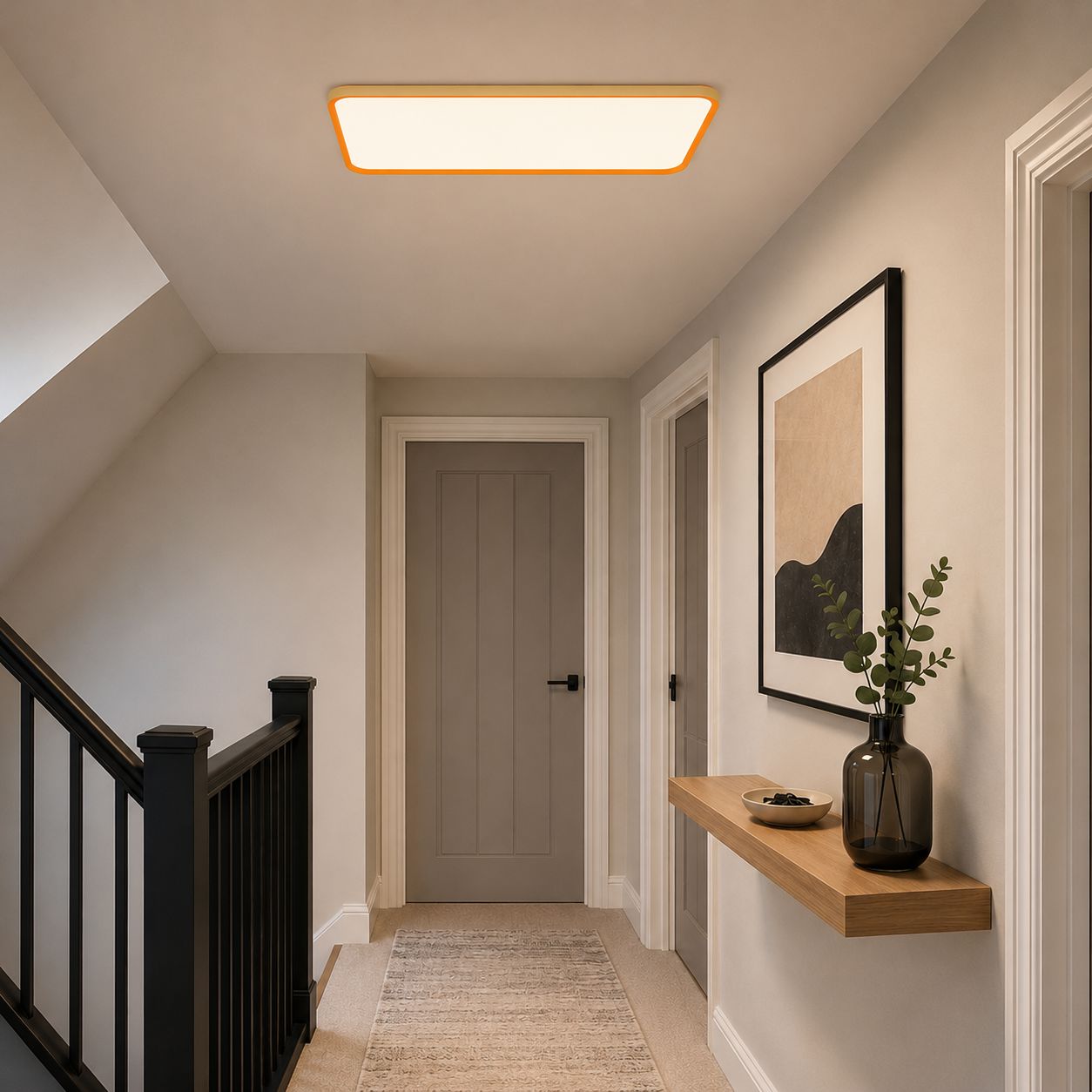 rectangular LED ceiling light above an upstairs landing