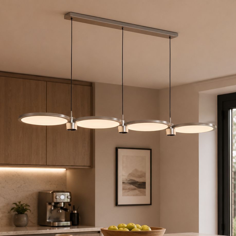 sleek silver linear pendant above a kitchen island