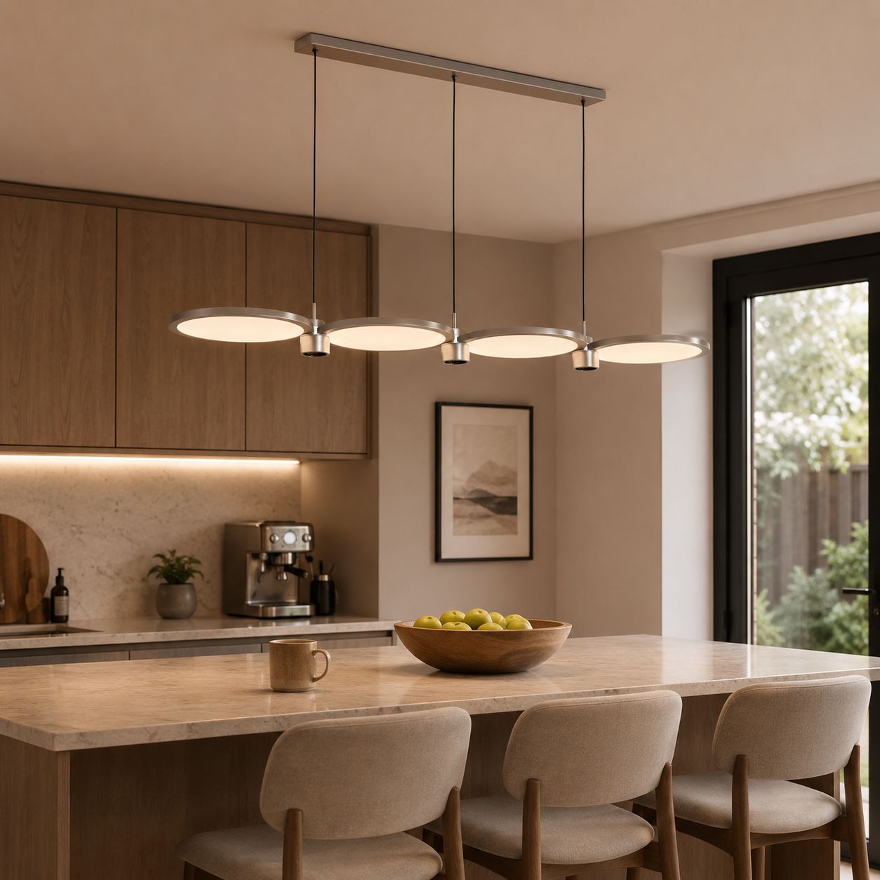 silver linear pendant light over a kitchen breakfast bar