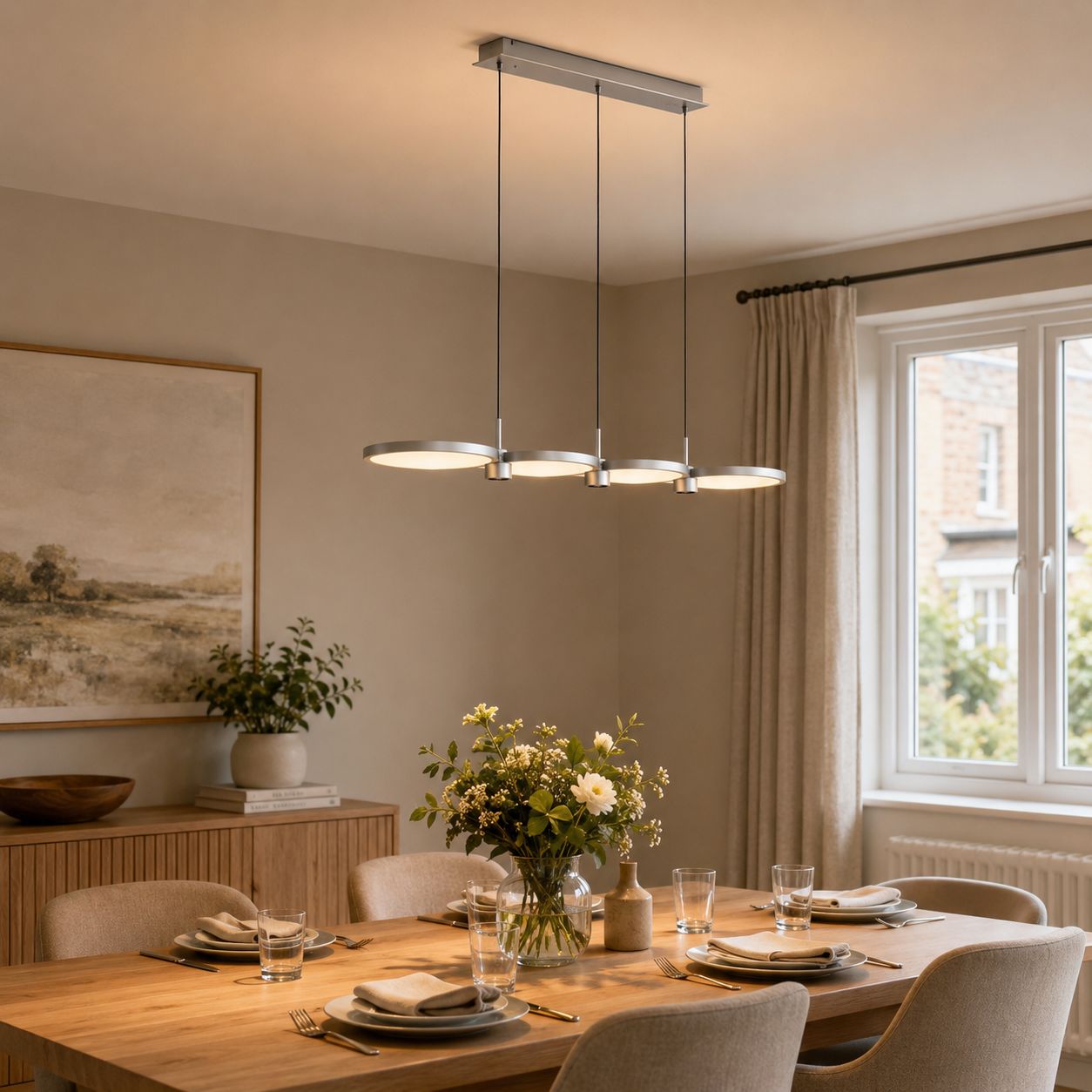 silver linear pendant above a warm dining table