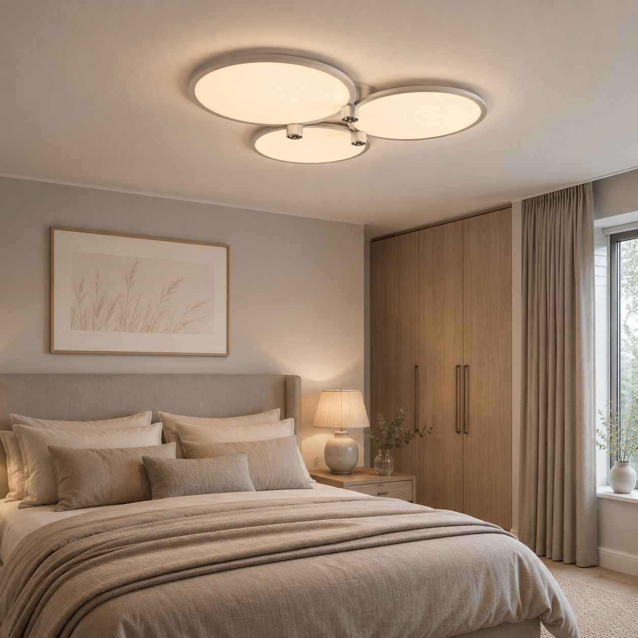 silver three-disk ceiling light above a neutral bedroom