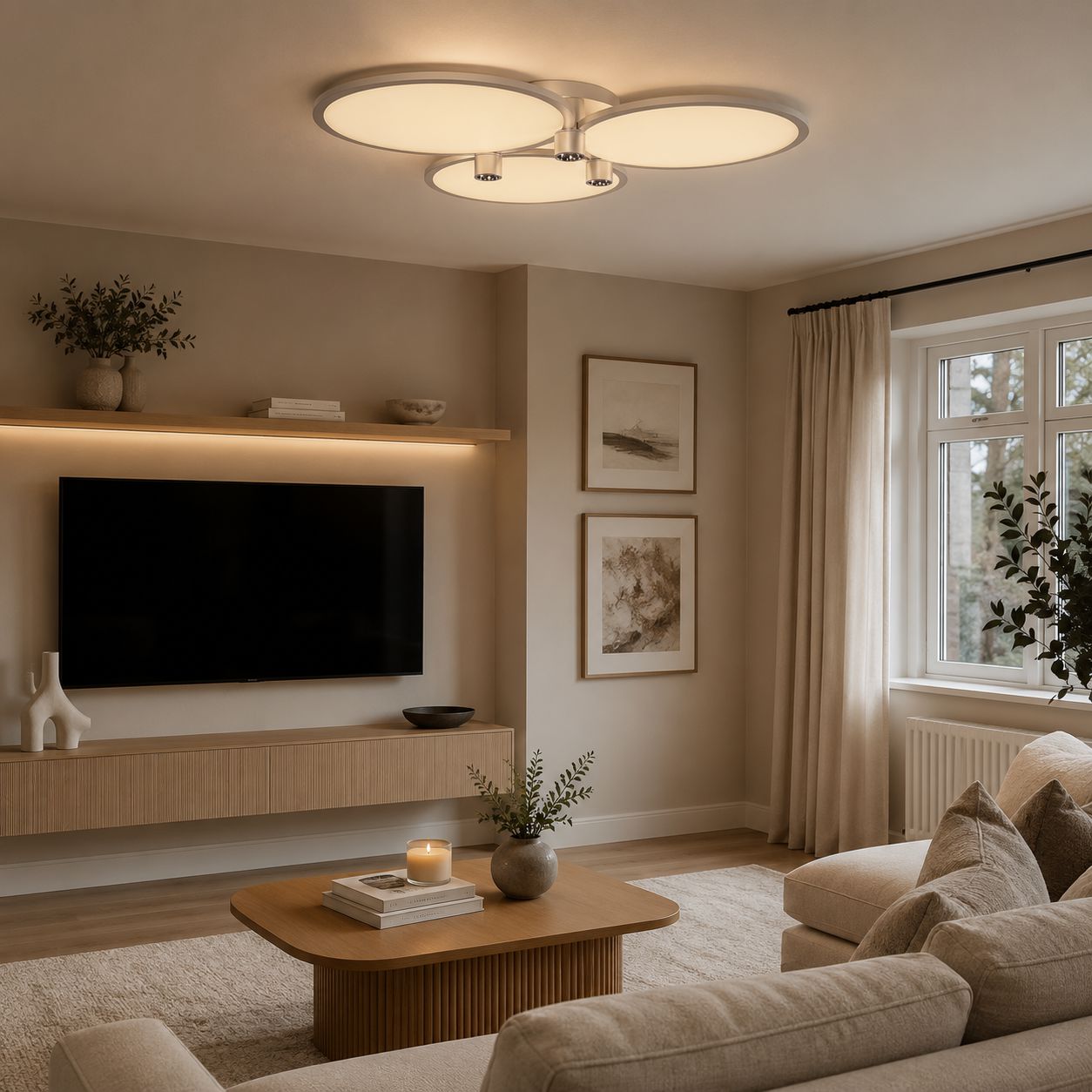 silver three-disk LED ceiling light in a lounge