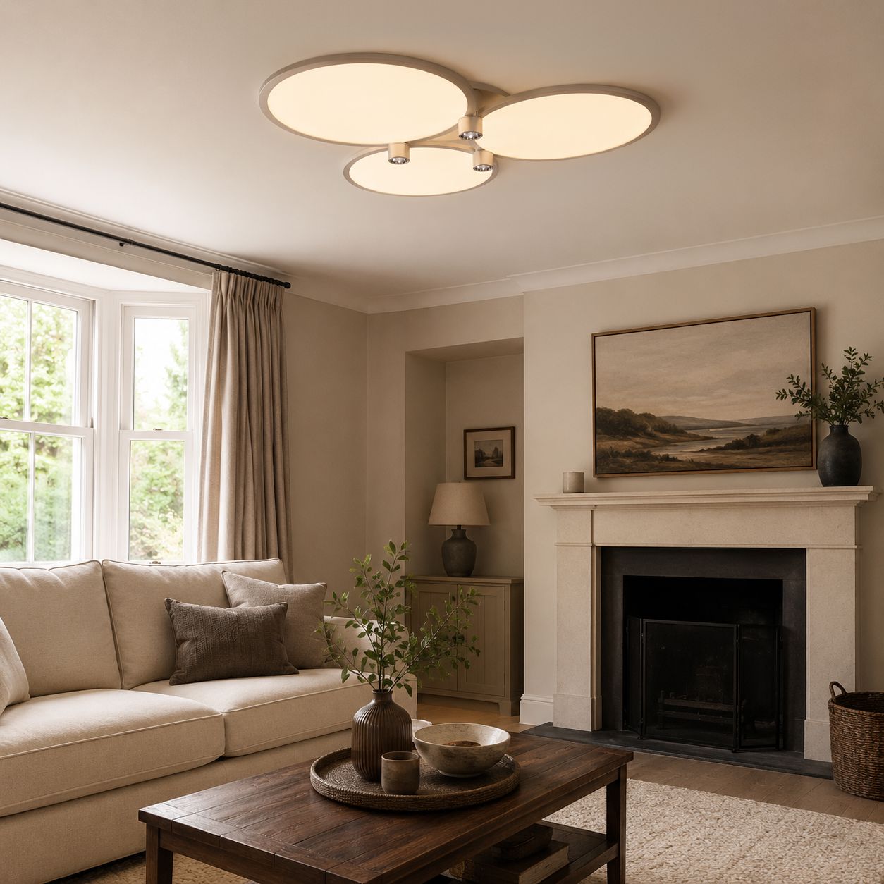 silver three-disk ceiling light in a living room with fireplace