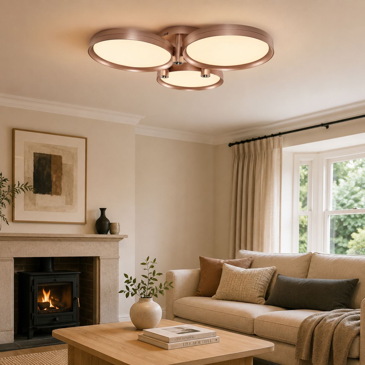 champagne gold ceiling light in a living room with fireplace