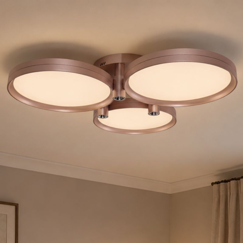 champagne gold three-disk LED ceiling light close-up