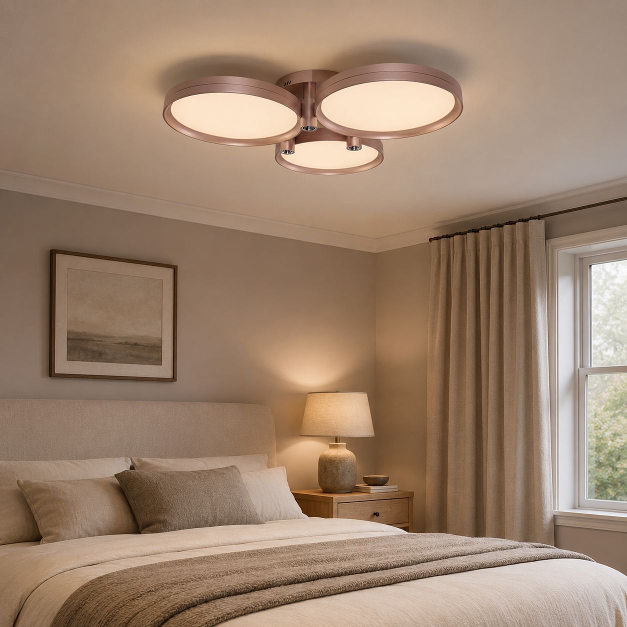 champagne gold three-disk ceiling light above a bedroom