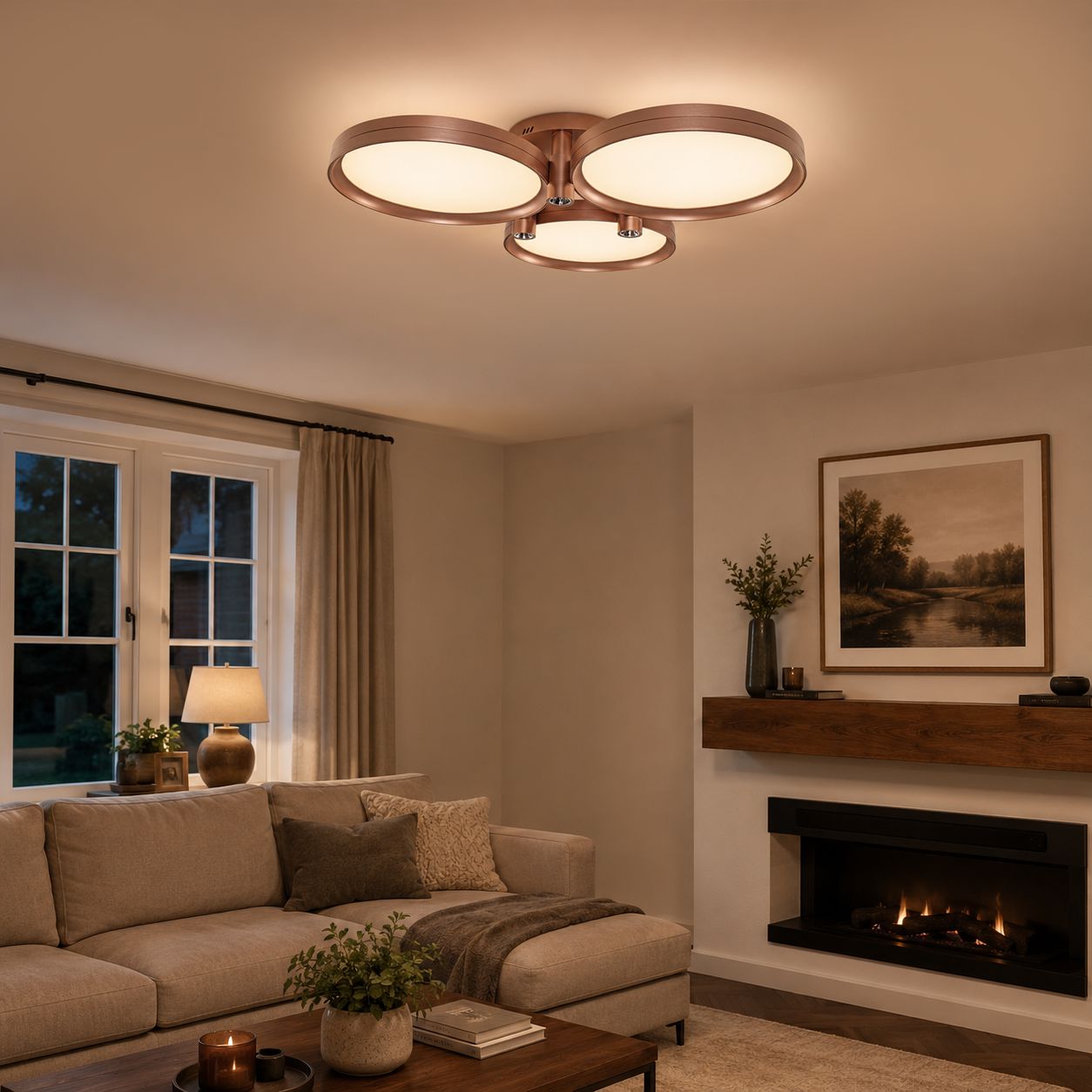 champagne gold ceiling light in a warm living room