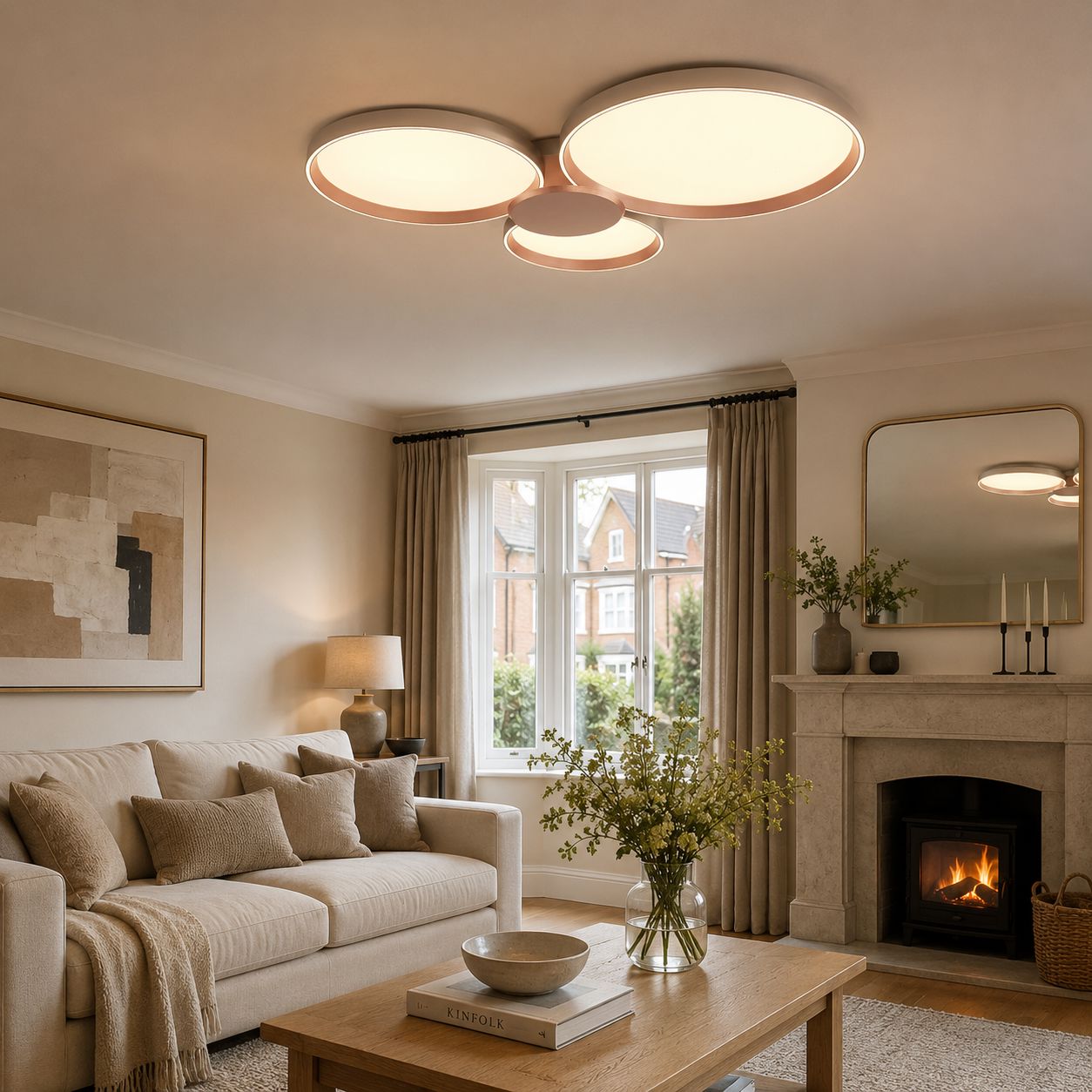 three-disk LED ceiling light in a living room with fireplace