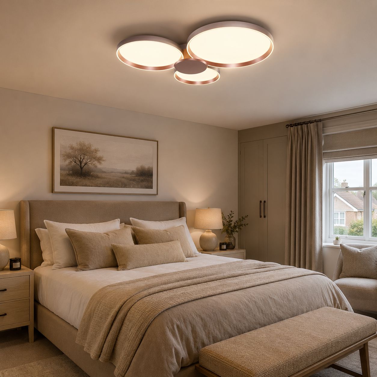 three-disk LED ceiling light above a bedroom