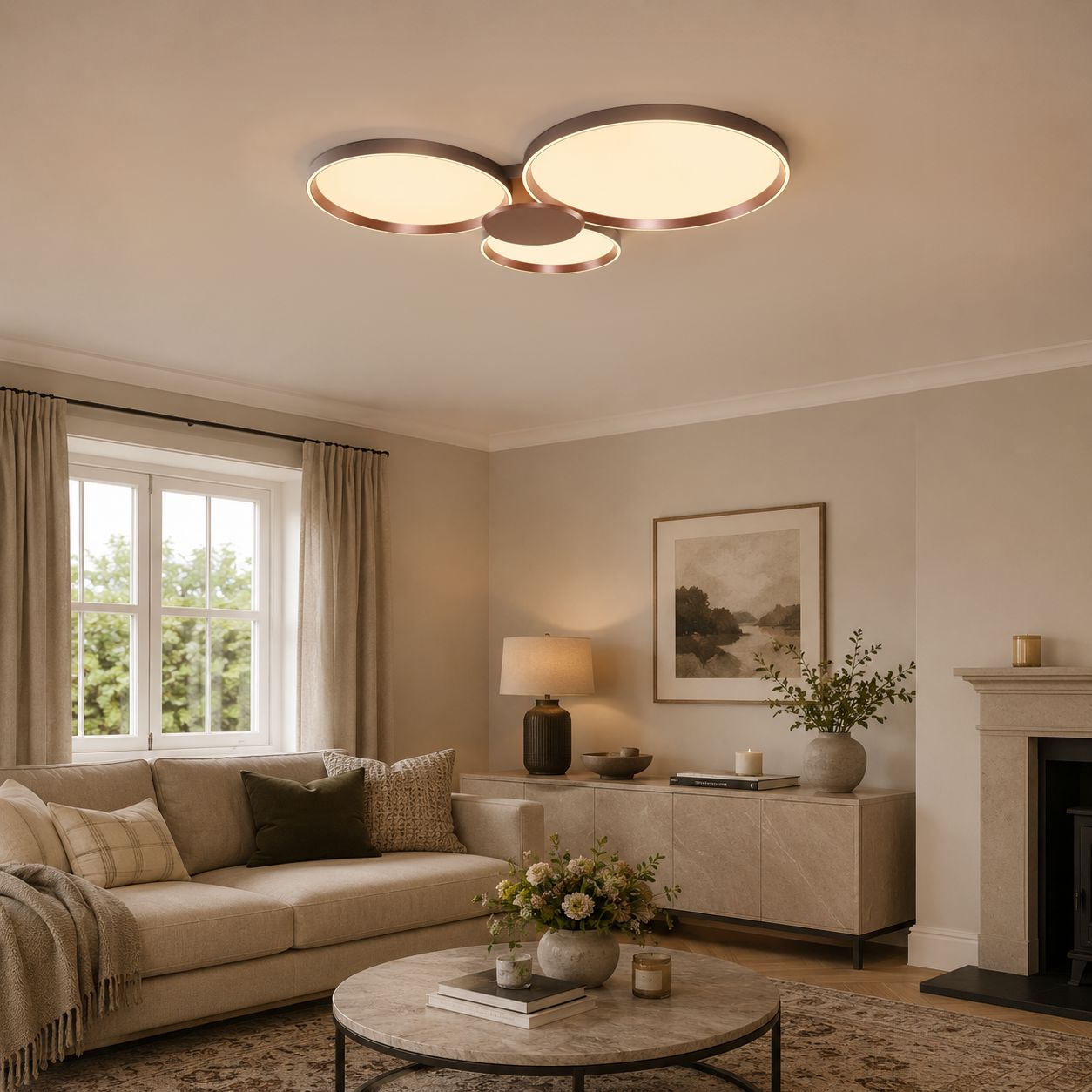 three-disk LED ceiling light in a living room with sofa