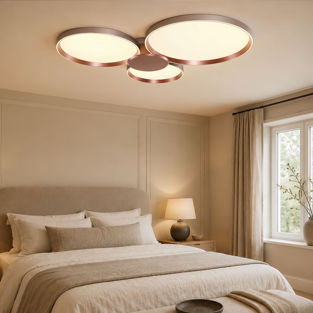 three-disk LED ceiling light over a neutral bedroom