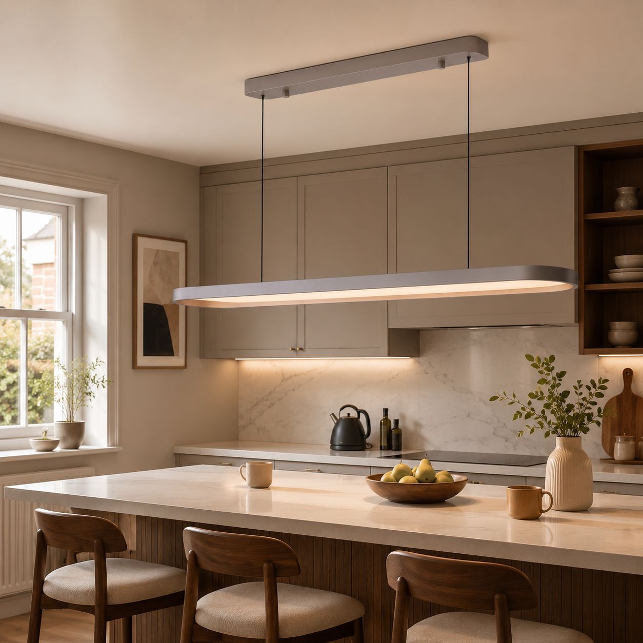 gray-brown pendant light over a bright kitchen island