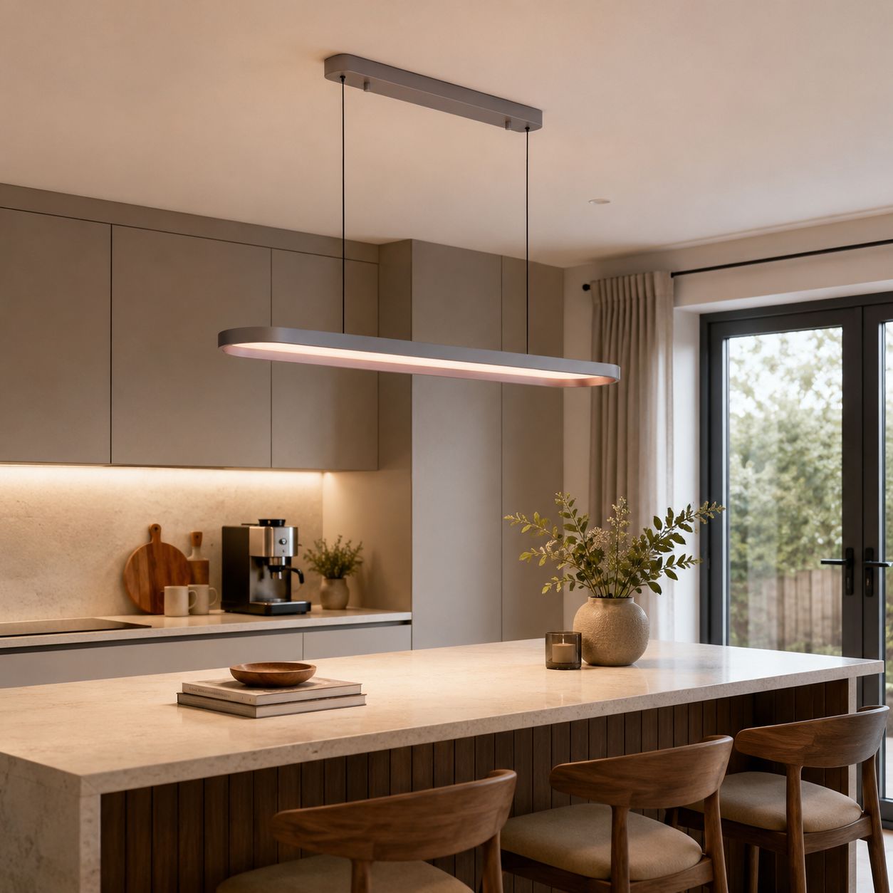 gray-brown linear elliptical pendant over a breakfast bar