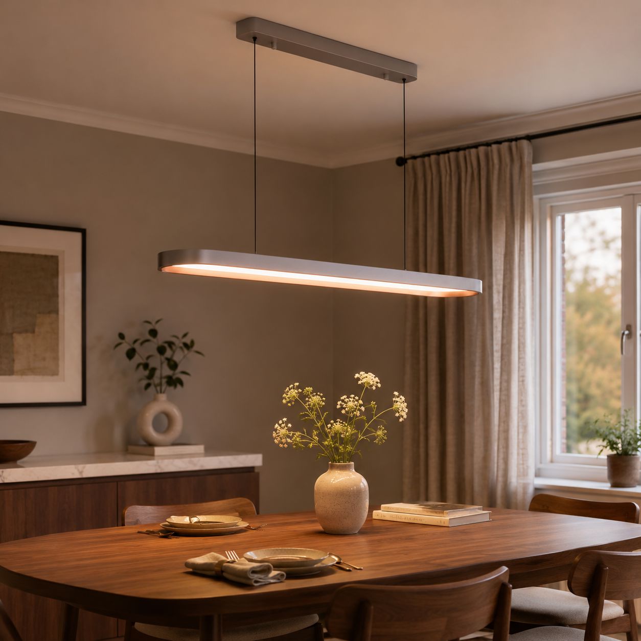 gray-brown elliptical pendant above a wooden dining table