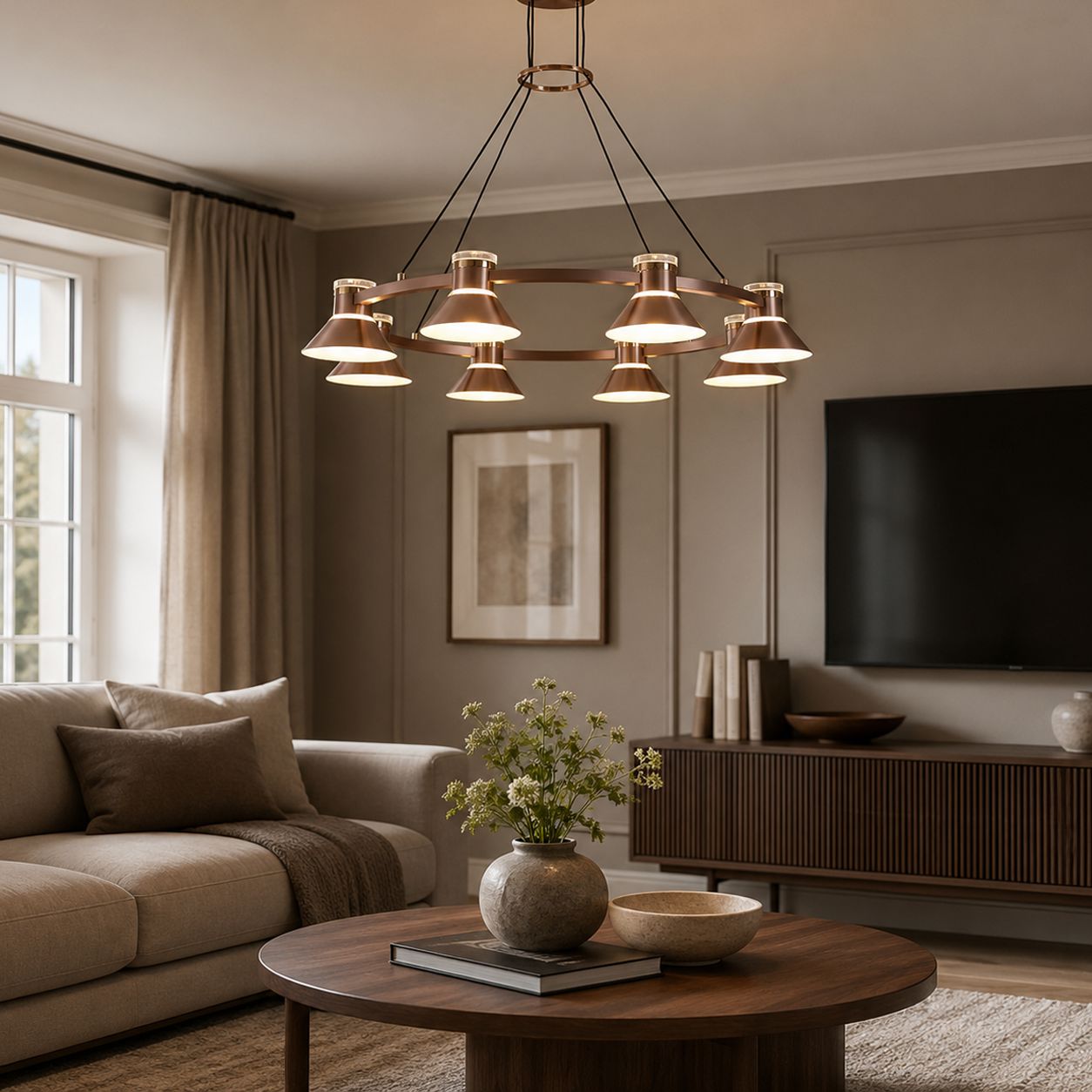 round aluminum LED pendant above a coffee table