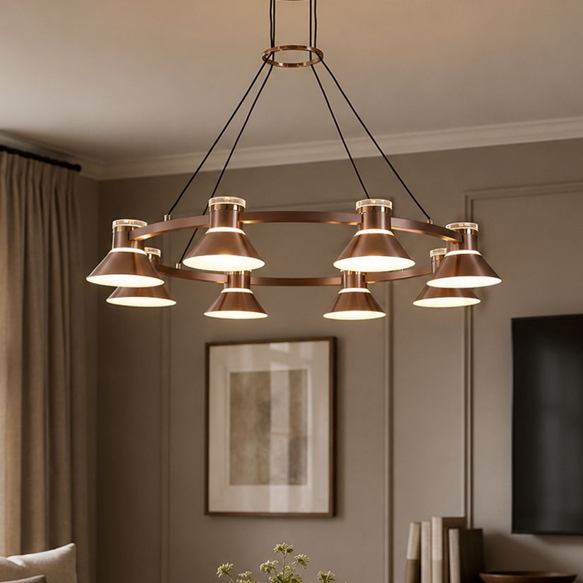 round rose gold aluminum LED pendant in a living room