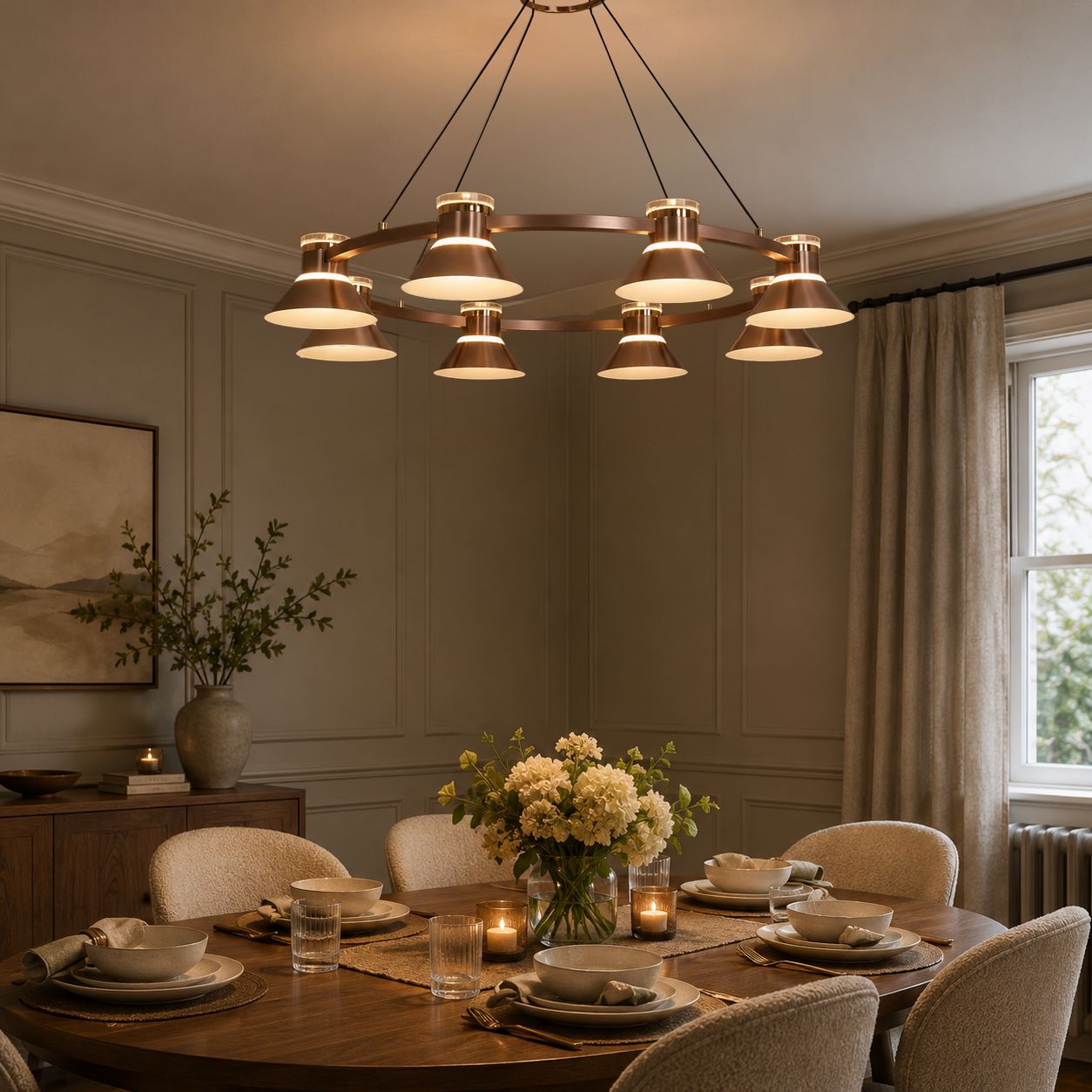 rose gold LED pendant over a set dining table