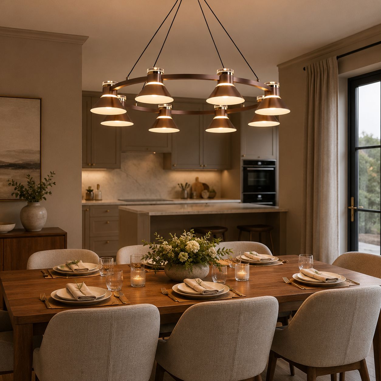 round aluminum LED pendant above a dining table