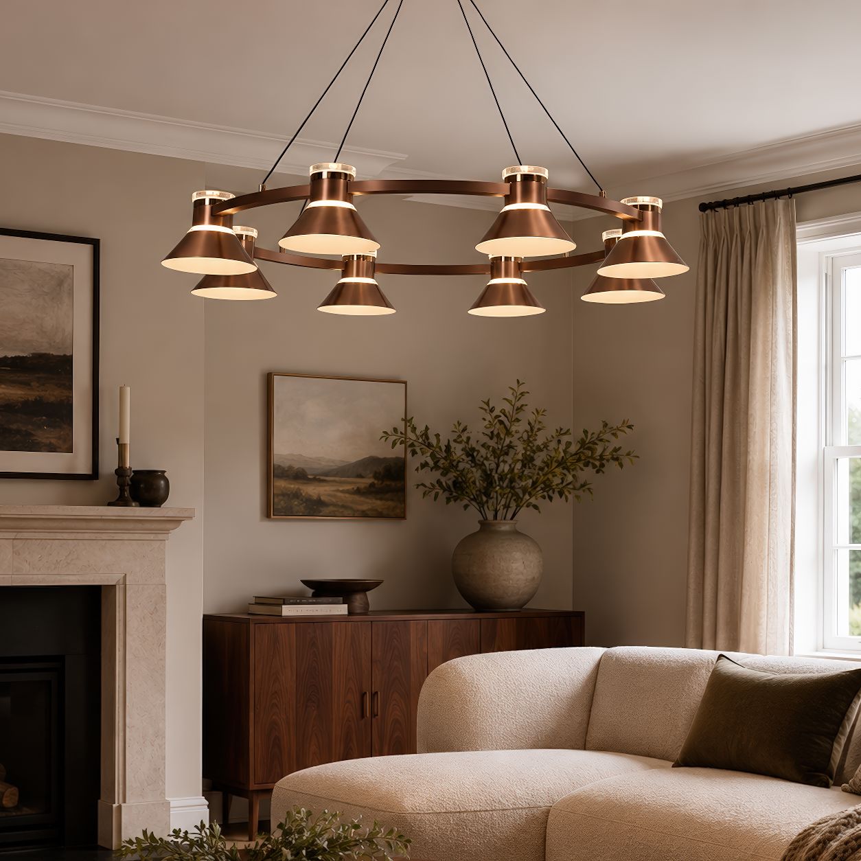 rose gold LED pendant in a classic living room