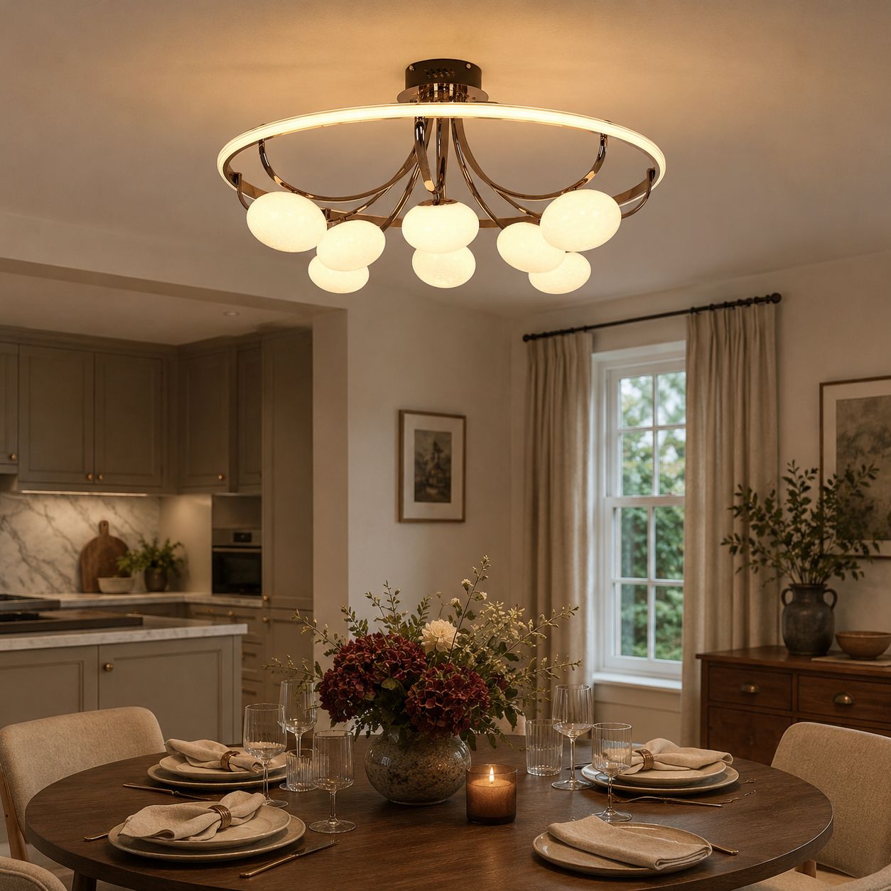 marble glass globe ceiling light over a round dining table