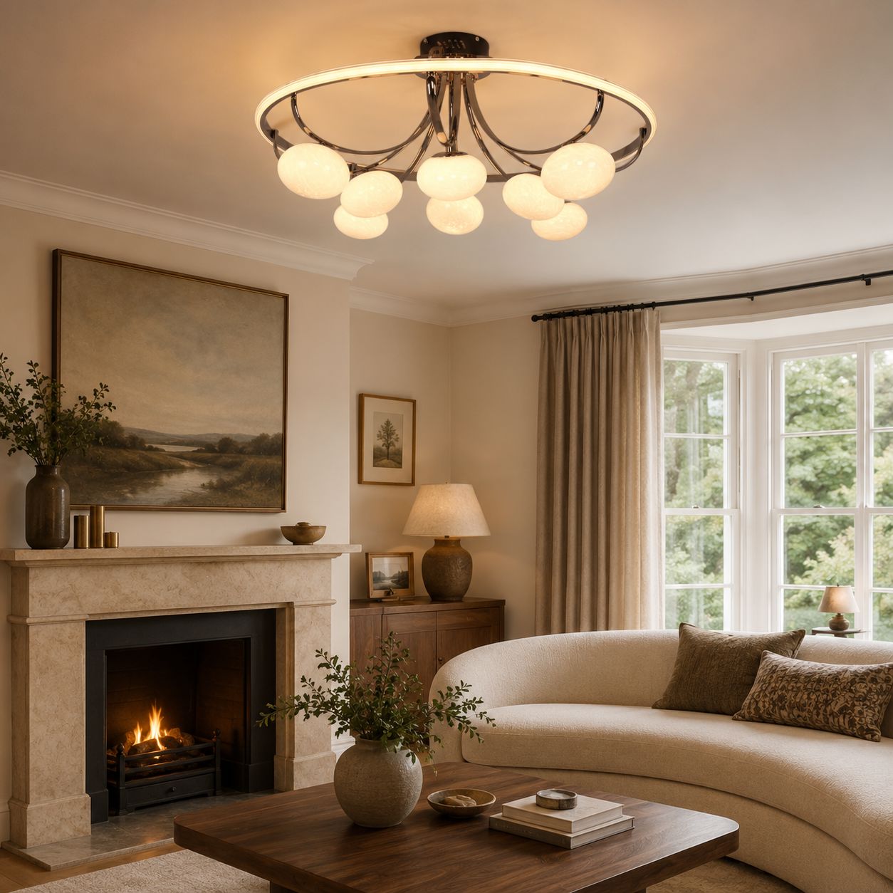 marble glass globe ceiling light in a cosy lounge