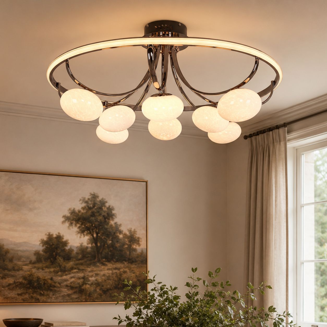 gold ring ceiling light with marble glass globes by a window