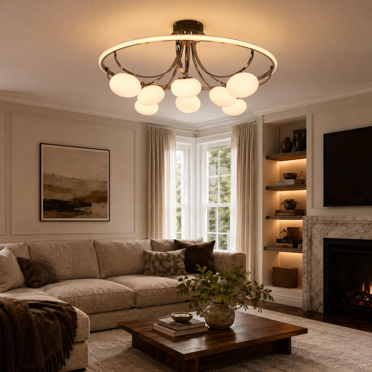 gold ring ceiling light in a living room with sofa