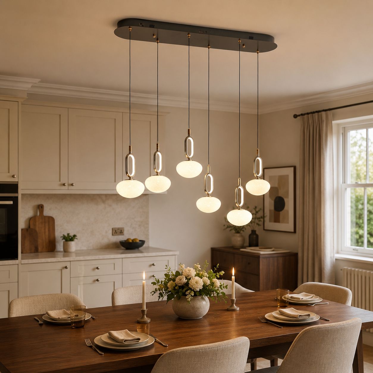 cloud glass pendant light above a dining table in a kitchen