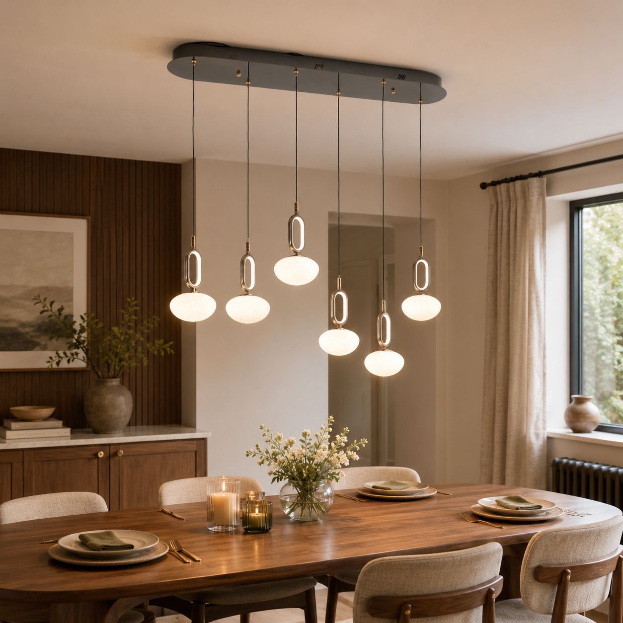 cloud glass pendant light over a wooden dining table