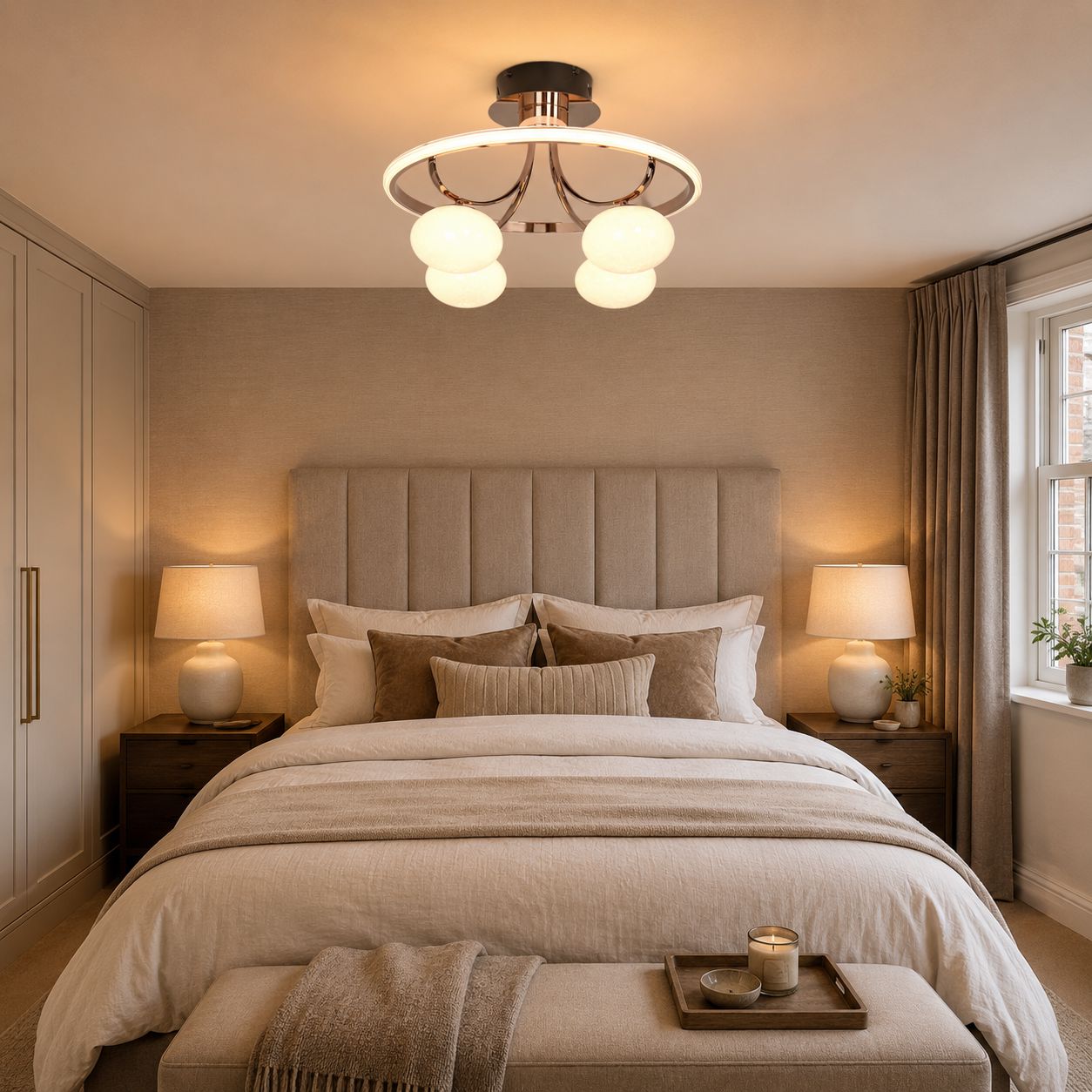 four-globe circular ceiling light above a bed