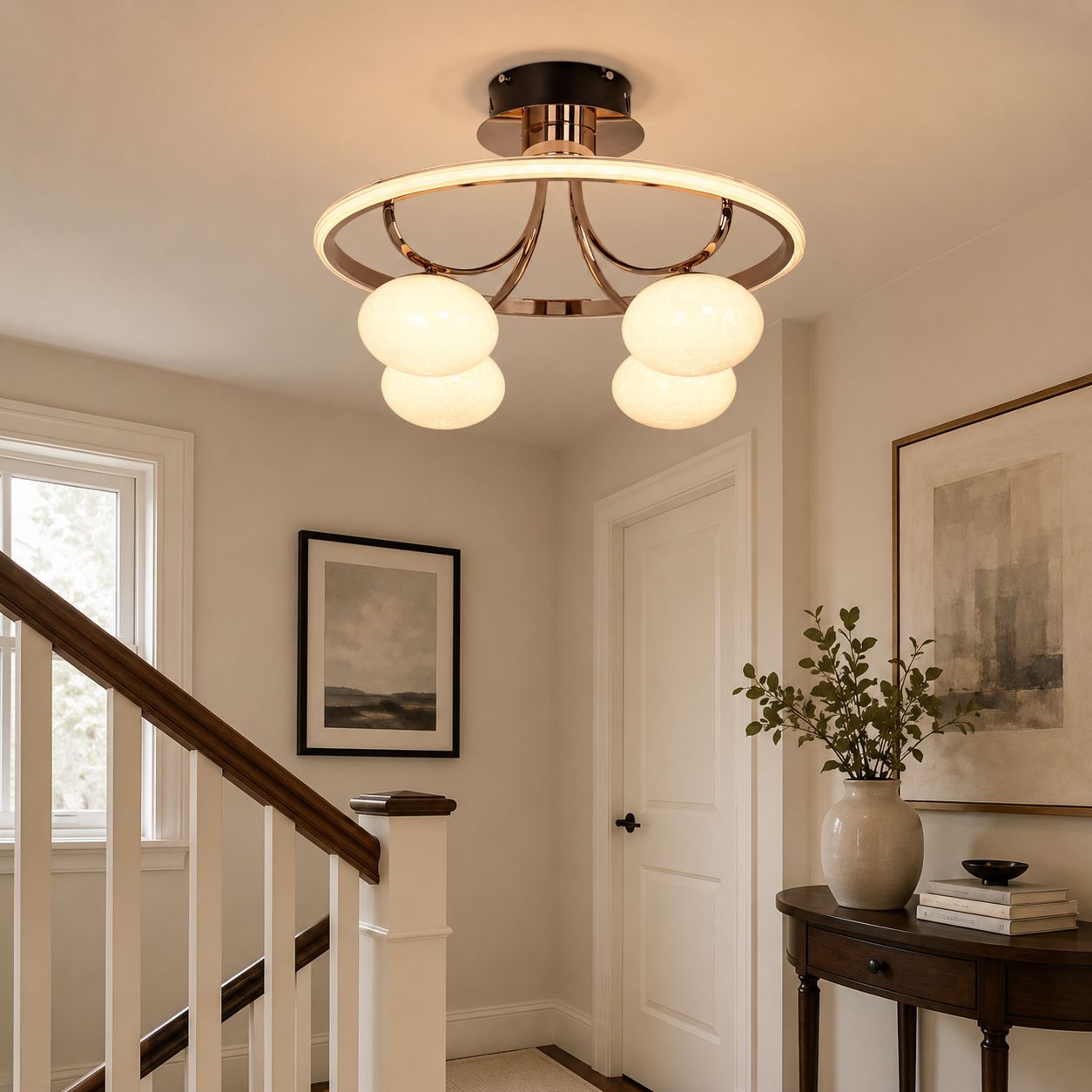 four-globe circular ceiling light by a staircase landing