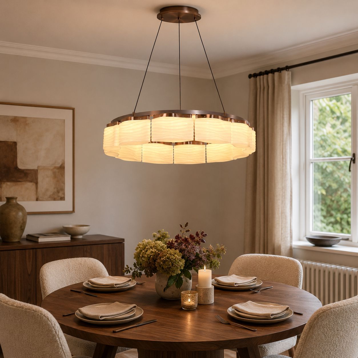 single round onyx glass pendant above a set dining table