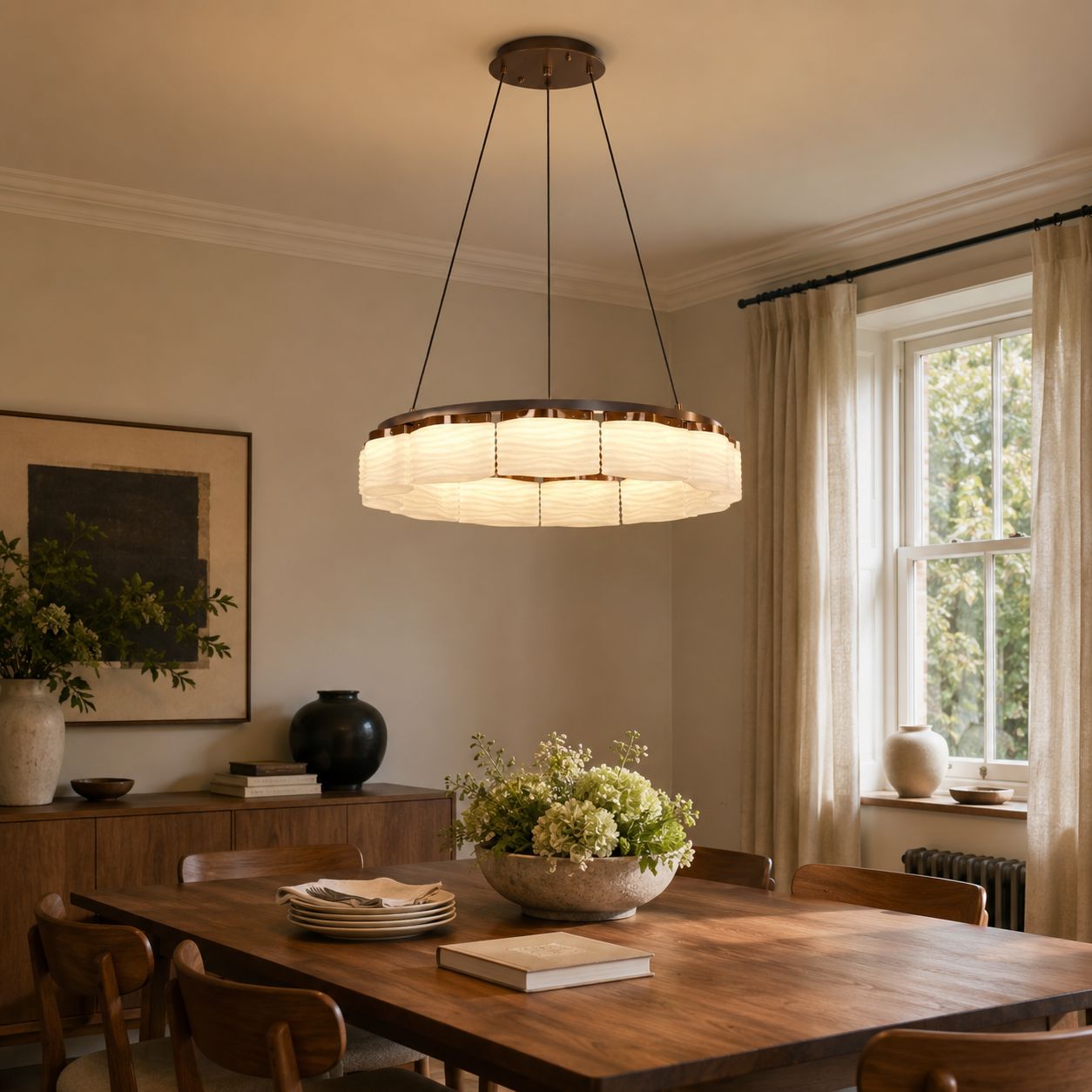onyx glass ring pendant over a wooden dining table