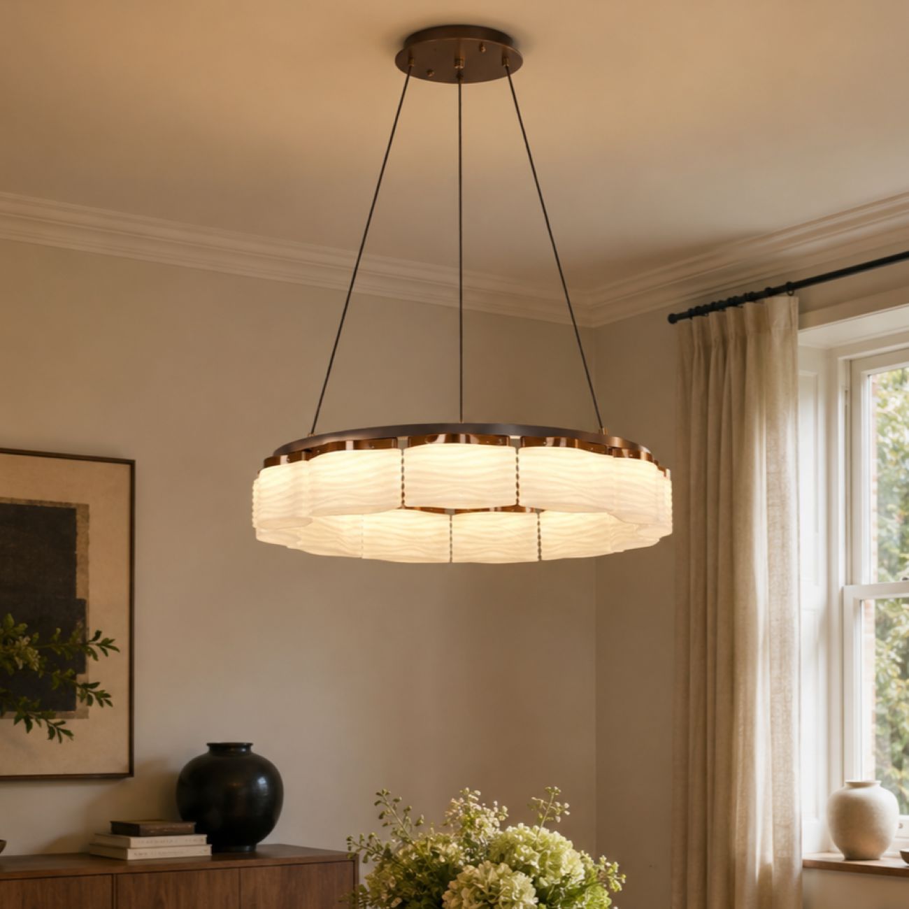 single onyx glass ring pendant above a dining table