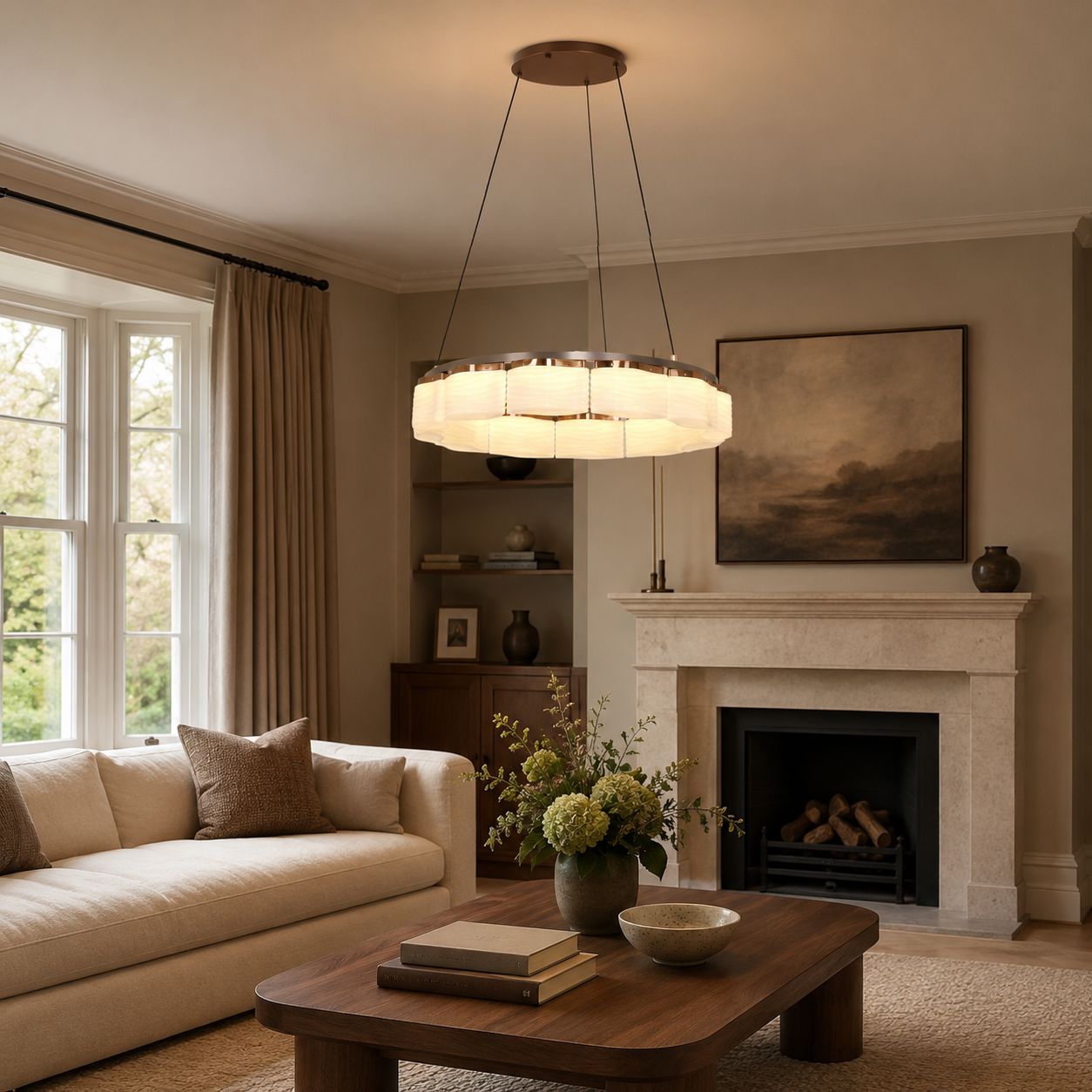 single onyx glass ring pendant in a living room corner