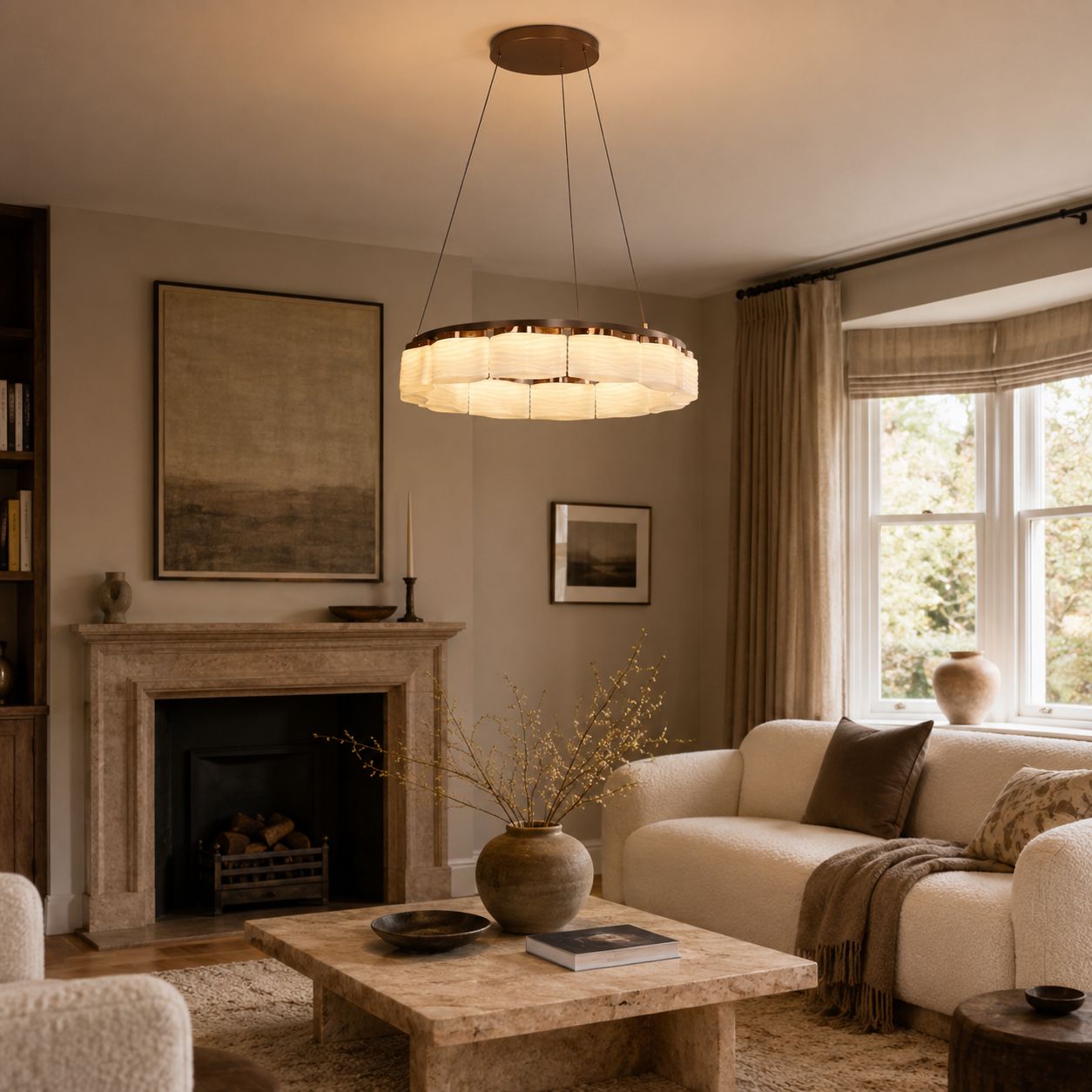 onyx glass pendant light in a living room by the fireplace
