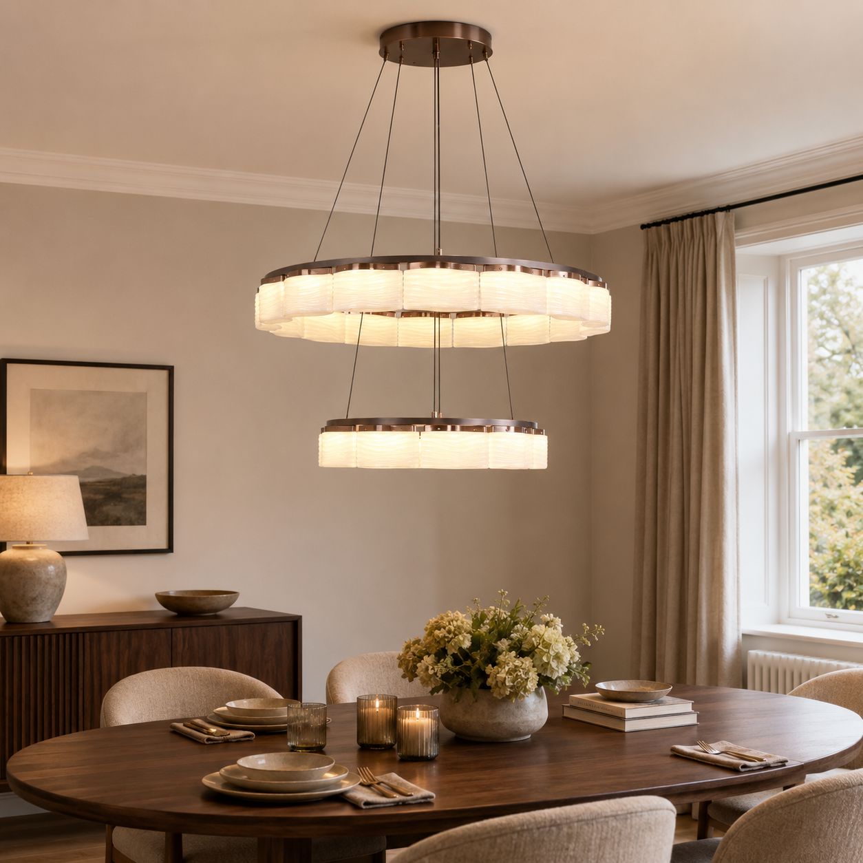 two-tier onyx glass pendant above a dining table