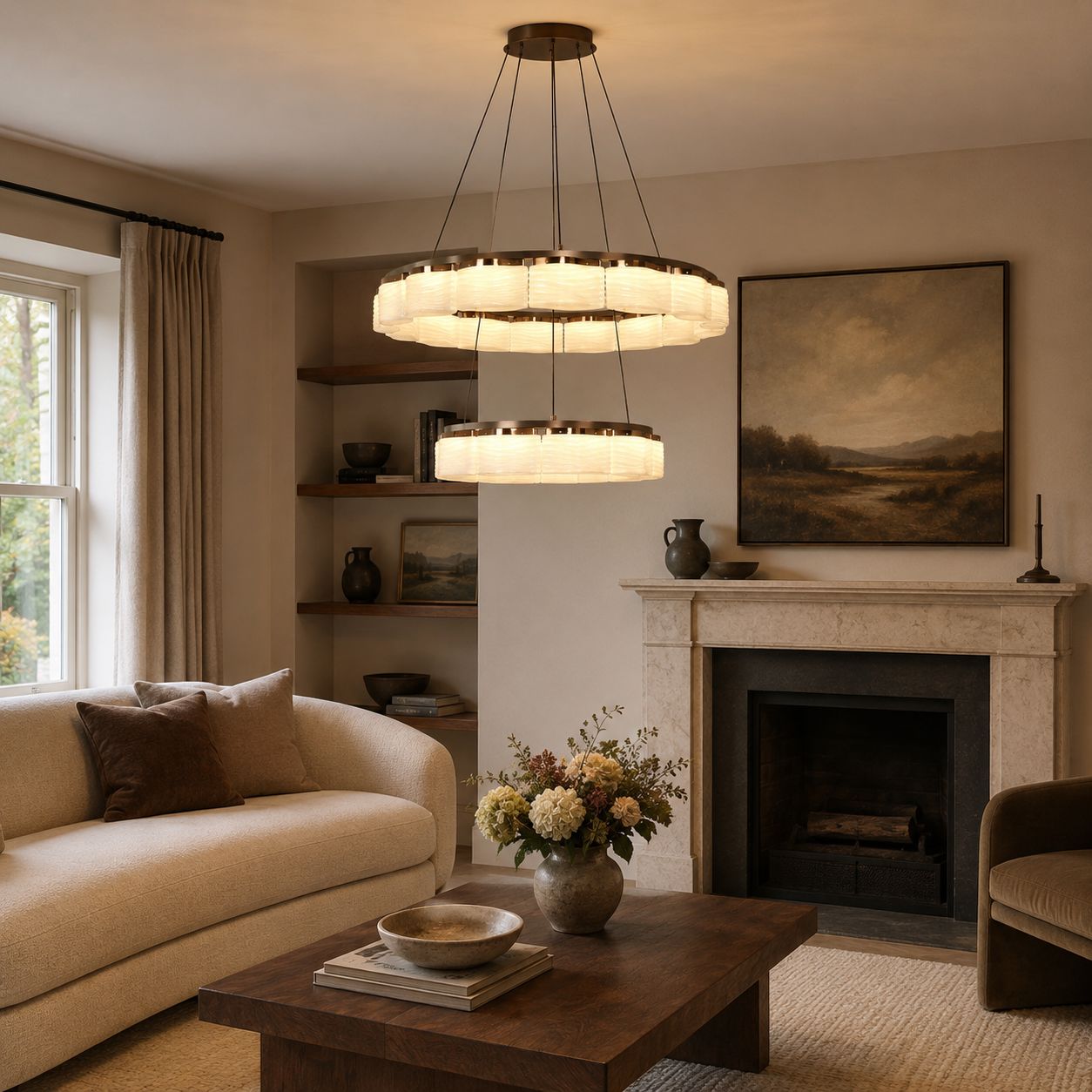 two-tier onyx glass pendant above a lounge coffee table
