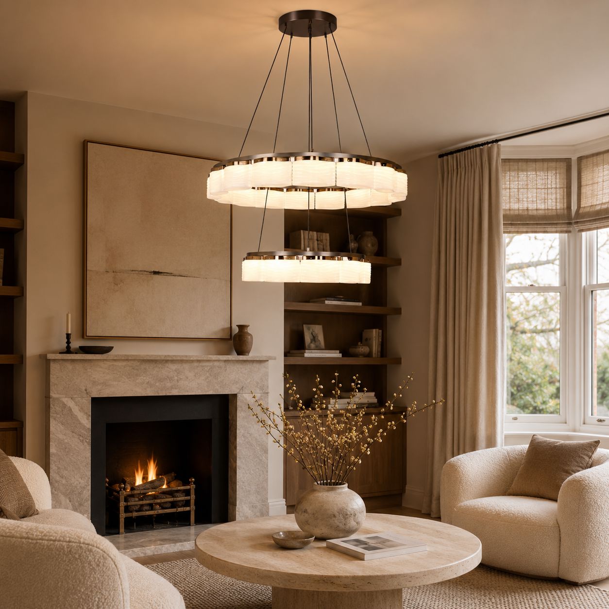 two-tier onyx glass pendant in a living room with fireplace