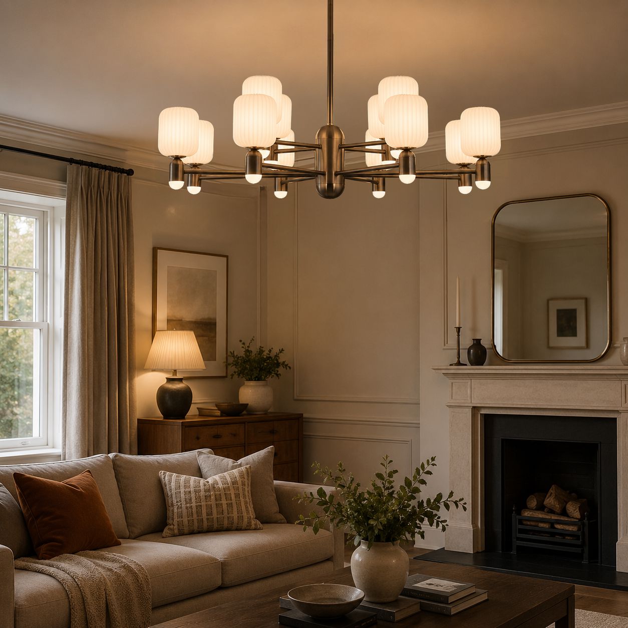 round bronze chandelier in a living room with fireplace