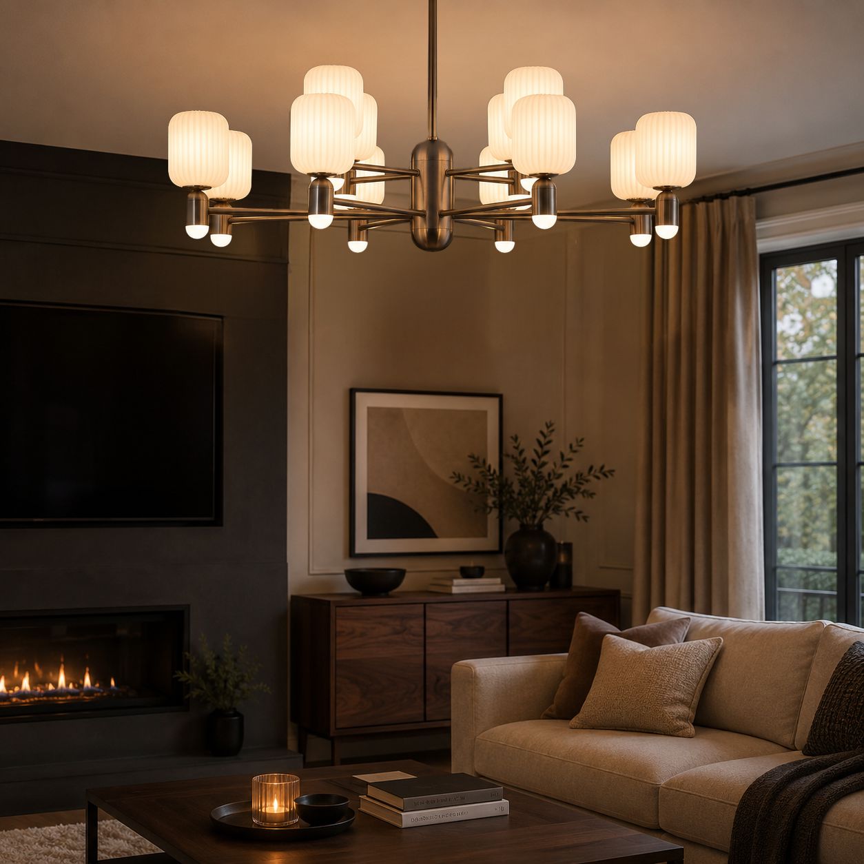 bronze chandelier over a cosy living room sofa