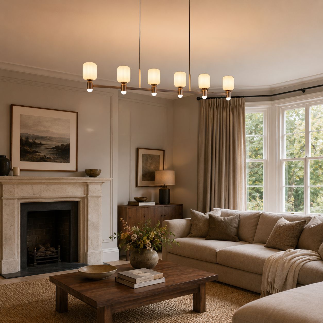 linear bronze chandelier in a living room with sofa