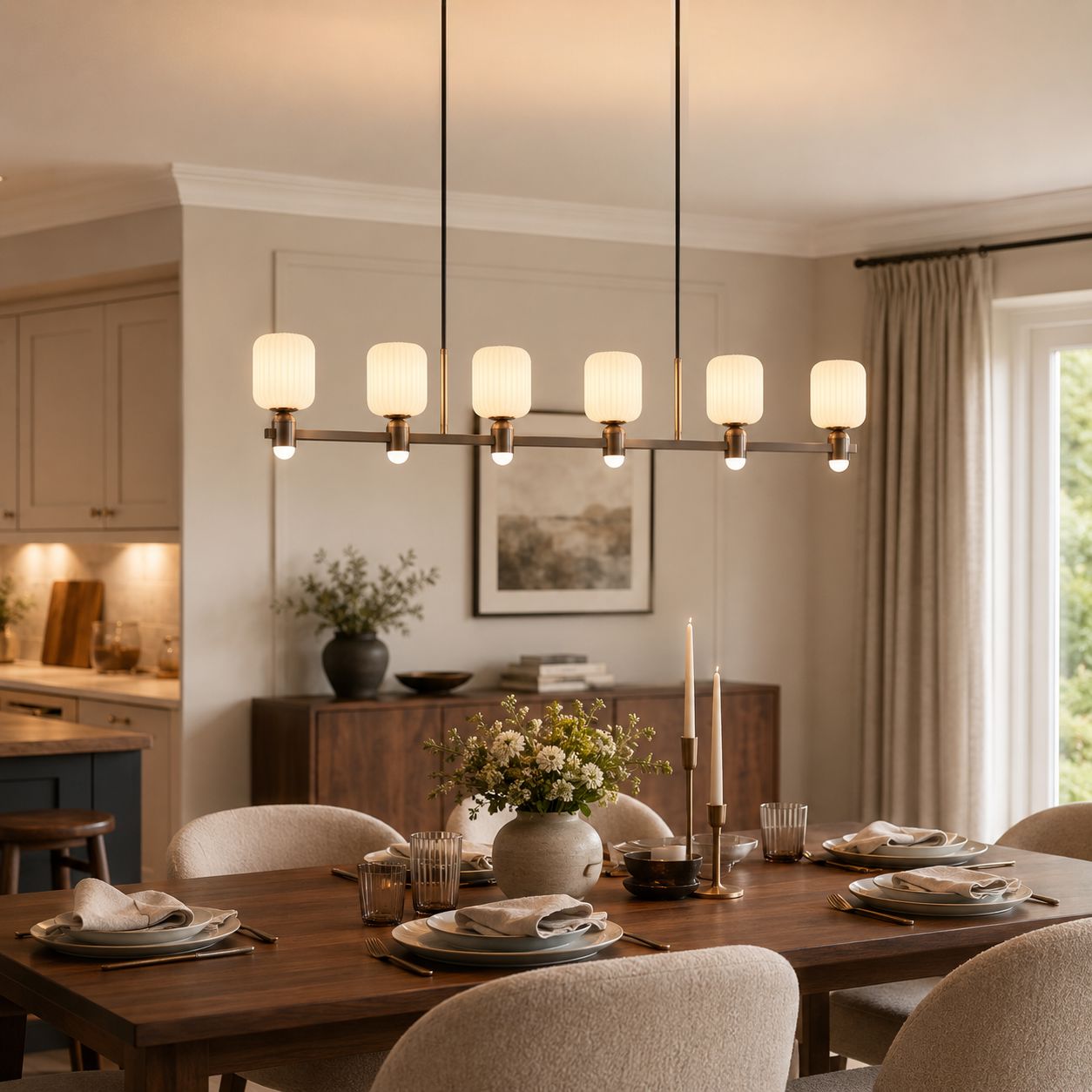 linear bronze chandelier over a formal dining table